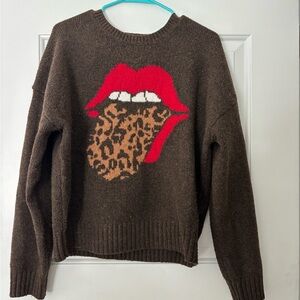 Brown Sweater with Red and Leopard Print Design
